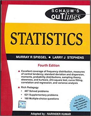 Book cover number 1 for Schaum's Outlines : Statistics written by Murray R. Spiegel, Larry J. Stephens published by McGraw Hill Education Private Limited
