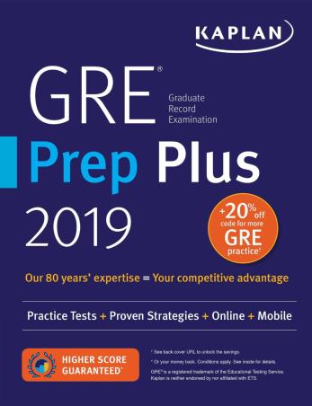Book cover number 1 for GRE Prep Plus 2019 written by NA published by Kaplan Publishing
