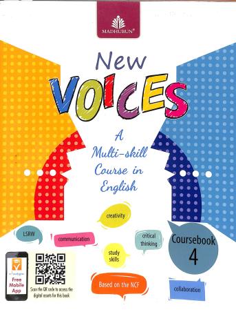 Book cover number 1 for New Voices Coursebook 4 written by Alka Batra published by Madhubun Educational Books
