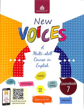 Book cover number 1 for New Voices Coursebook 7 written by Alka Batra published by Madhubun Educational Books