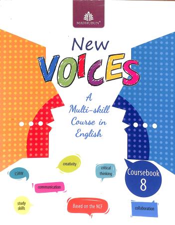Book cover number 1 for New Voices Coursebook 8 written by Charu Rekha, Vijaya Subramaniam published by Madhubun Educational Books