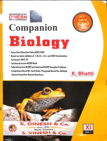 Book cover number 1 for Dinesh Companion Biology 11 Volume 1 & 2 (2023) written by K. Bhatti published by S. Dinesh & Co.