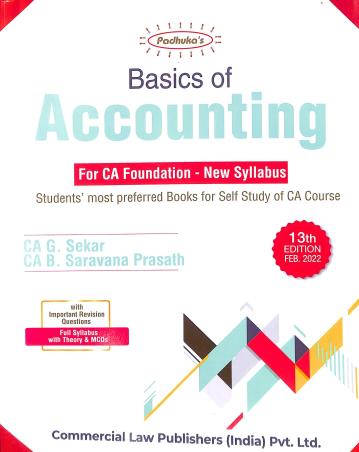 Book cover number 1 for Padhuka’s Basics Of Accounting For CA Foundation written by G. Sekar, Saravana Prasath published by Commercial Law Publishers (India) Pvt. Ltd.