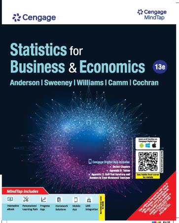 Book cover number 1 for Statistics For Business & Economics written by David R. Anderson, Dennis J. Sweeney, Thomas A. Williams, Jeffrey D Camm, James J. Cochran published by Cengage Learning India Private Limited