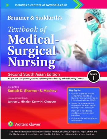 Book cover number 1 for Brunner And Suddarth's Textbook Of Medical-Surgical Nursing Volume 1 & 2 (Second South Asia Edition) written by Suresh K. Sharma, S. Madhavi published by Wolters Kluwer