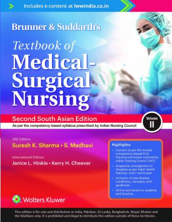 Book cover number 2 for Brunner And Suddarth's Textbook Of Medical-Surgical Nursing Volume 1 & 2 (Second South Asia Edition) written by Suresh K. Sharma, S. Madhavi published by Wolters Kluwer