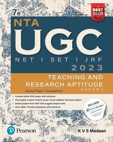 Book cover number 1 for NTA UGC NET /SET/JRF Teaching And Research Aptitude Paper 1 (2023) written by K. V. S. Madaan published by Pearson Education