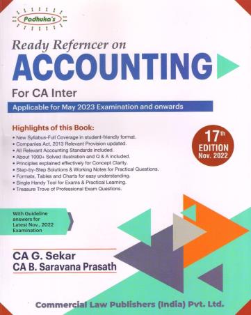 Book cover number 1 for Ready Referencer On Accounting For CA Inter written by G. Sekar, Ca B. Saravana Prasath published by Commercial Law Publishers (India) Pvt. Ltd.