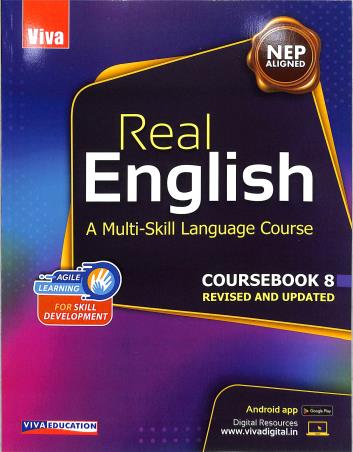 Book cover number 1 for Real English 8 (A Multi-Skill Language Course) NEP 2020 written by Beena Sugathan published by Viva Education