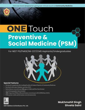 Book cover number 1 for ONE Touch Preventive & Social Medicine (PSM) written by Mukhmohit Singh, Shveta Saini published by CBS Publishers & Distributors Pvt. Ltd.