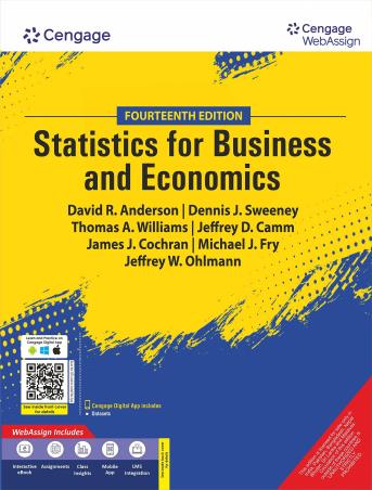 Book cover number 1 for Statistics For Business & Economics written by David R. Anderson, Dennis J. Sweeney, Thomas A. Williams, Jeffrey D Camm, James J. Cochran, Michael J. Fry, Jeffrey W. Ohlmann published by Cengage Learning India Private Limited