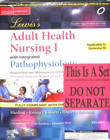 Book cover number 1 for Lewis's Adult Health Nursing With Integrated Pathophysiology Volume 1 & 2 (4th South Asia Edition) written by NA published by Elsevier