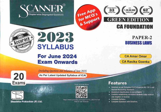 Book cover number 1 for CA Foundation Scanner Paper 2 Business Laws (Green Edition) 2024 written by Amar Omar, Rasika Goenka published by Shuchita Prakashan (P) Ltd.