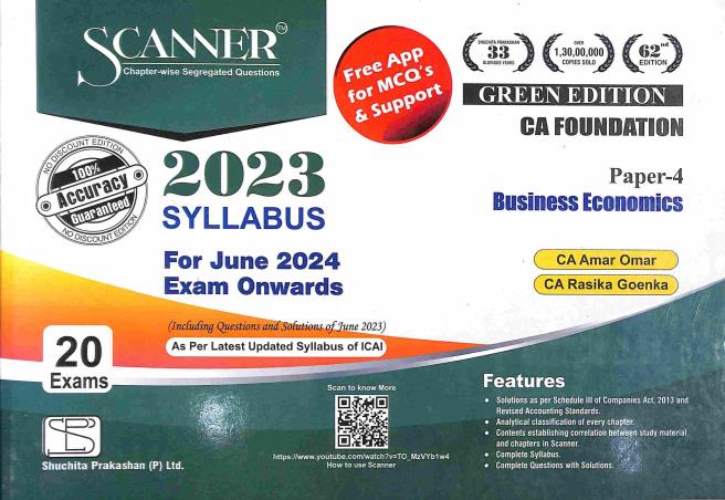 Book cover number 1 for CA Foundation Scanner Paper 4 Business Economics (Green Edition) 2024 written by Amar Omar, Rasika Goenka published by Shuchita Prakashan (P) Ltd.