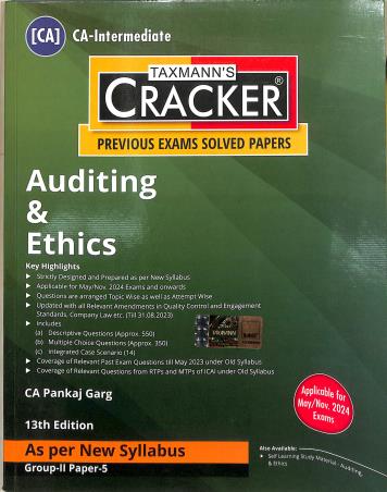 Book cover number 1 for Taxmann's Cracker Auditing & Ethics (Previous Exams Solved Papers) Group-2 Paper-5 (CA-Intermediate) written by Pankaj Garg published by Taxmann Publications Pvt. Ltd.