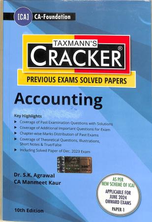 Book cover number 1 for Taxmann's Cracker Accounting (Previous Exams Solved Papers) CA-Foundation written by S. K. Agrawal, Manmeet Kaur published by Taxmann Publications Pvt. Ltd.