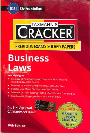 Book cover number 1 for Taxmann's Cracker Business Laws (Previous Exams Solved Papers) CA-Foundation written by S. K. Agrawal, Manmeet Kaur published by Taxmann Publications Pvt. Ltd.