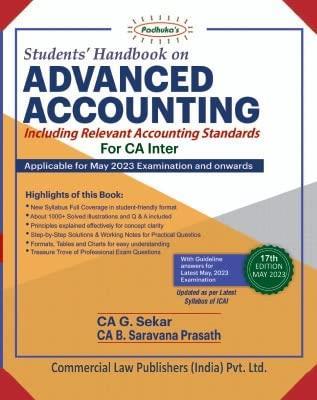 Book cover number 1 for Students Handbook On Advanced Accounting Including Relevant Accounting Standards (For CA Inter) written by G. Sekar, B. Saravana Prasath published by Commercial Law Publishers (India) Pvt. Ltd.