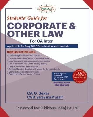 Book cover number 1 for Students Guide For Corporate & Other Law (For CA Inter) written by G. Sekar, B. Saravana Prasath published by Commercial Law Publishers (India) Pvt. Ltd.