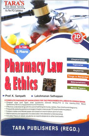 Book cover number 1 for Pharmacy Law & Ethics (D. Pharm 2nd Year) written by K. Sampath, Lakshmanan Sathappan published by Tara Publishers