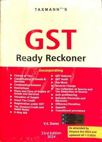 Book cover number 1 for GST Ready Reckoner (23rd Edition) 2024 written by V. S. Datey published by Taxmann Publications Pvt. Ltd.