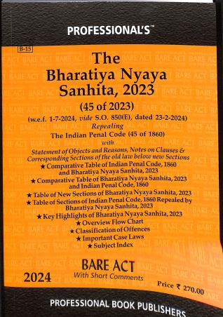 Book cover number 1 for The Bharatiya Nyaya Sanhita 2023 (45 To 2023) 2024 written by NA published by Professional Book Publishers