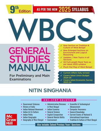 Book cover number 1 for WBCS General Studies Manual For Preliminary And Main Examinations (2025) written by Nitin Singhania published by McGraw Hill Education Private Limited