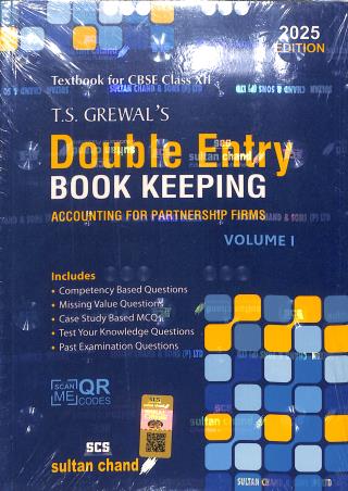Book cover number 1 for Double Entry Book Keeping Volume 1 Class 12 CBSE (Accounting For Partmership Firms) 2025 Edition written by T. S. Grewal published by Sultan Chand & Sons (P) Ltd