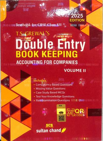 Book cover number 1 for Double Entry Book Keeping Volume 2 Class 12 CBSE (Accounting For Companies) 2025 Edition written by T. S. Grewal published by Sultan Chand & Sons (P) Ltd