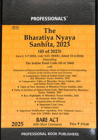 Book cover number 1 for The Bharatiya Nyaya Sanhita 2023 (45 Of 2023) 2025 written by NA published by Professional Book Publishers