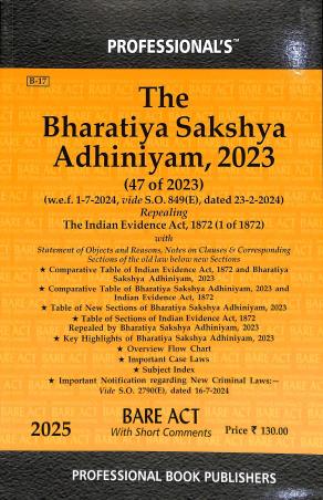 Book cover number 1 for The Bharatiya Sakshya Adhiniyam, 2023 (47 Of 2023) 2025 written by NA published by Professional Book Publishers