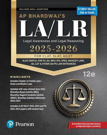 Book cover number 1 for LA / LR Legal Awareness and Legal Reasoning (2025-26) For CLAT, SLAT, AILET written by A. P. Bhardwaj published by Pearson Education