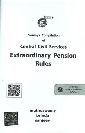 Book cover number 1 for Swamy's Compilation Of Central Civil Services Extraordinary Pension Rules written by Sanjeev, Muthuswamy, Brinda published by Swamy Publishers (P) Limited