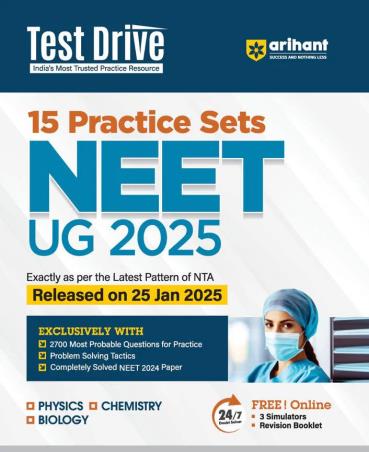 Book cover number 1 for Test Drive 15 Practice Sets NEET UG 2025 written by Ajay Kumar, Anuksha Arora, Swati Chauhan published by Arihant Prakashan