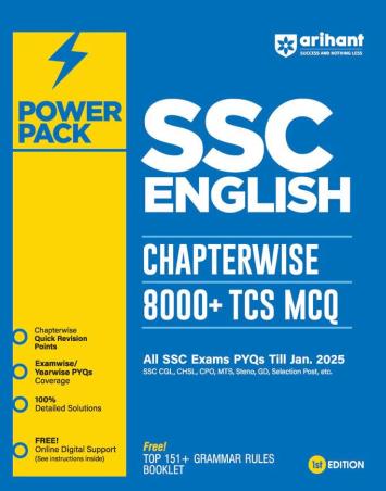 Book cover number 1 for Power Pack SSC English Chapterwise 8000 + TCS MCQ (All SSC Exams PYQs Till Jan. 2025) written by Srishti Agarwal, Akansha Diwedi published by Arihant Publications (India) Limited