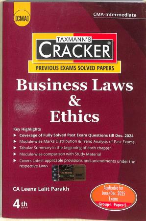 Book cover number 1 for Taxmann's Cracker Business Laws & Ethics (June/Dec 2025 Group 1 Paper 5) written by Leena Lalit Parakh published by Taxmann Publications Pvt. Ltd.