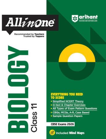 Book cover number 1 for All In One Biology Class 11 (CBSE Exams 2026) written by Samiksha Gupta, Manvi Sirohi published by Arihant Prakashan