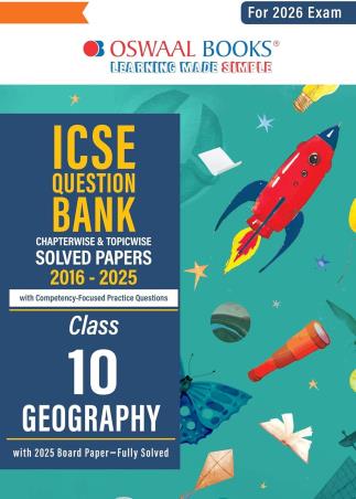 Book cover number 1 for Oswaal ICSE Question Bank Solved Papers 2016-2025 Class 10 Geography (2026 Exam) written by NA published by Oswaal Books