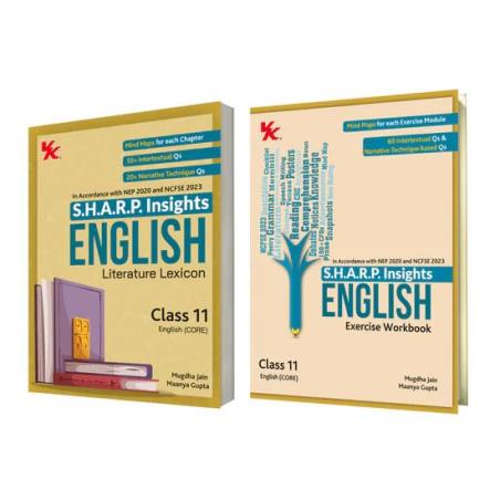 Book cover number 1 for S.H.A.R.P. Insights English Class 11 English (CORE) Literature Lexicon & Exercise Workbook NEP 2020 written by Maanya Gupta, Mugdha Jain published by VK Global Publications Pvt. Ltd.