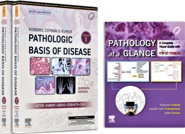 Book cover number 1 for Robbins, Cotran & Kumar Pathologic Basis Of Disease Volume 1 & 2 written by Abbas, Rajeswari Kathiah, Indhu Kannan, Gayathri Devi Thanigaimani published by Elsevier