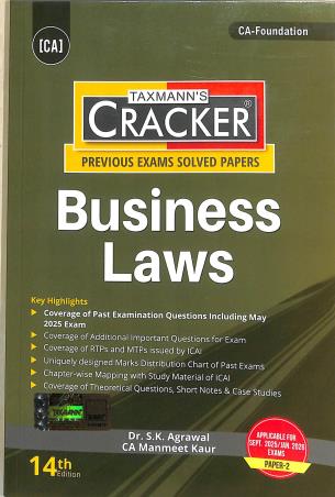 Book cover number 1 for Taxmann's CRACKER Business Laws (Sept. 2025 / Jan. 2026 Exams Paper-2) written by S. K. Agrawal, Manmeet Kaur published by Taxmann Publications Pvt. Ltd.