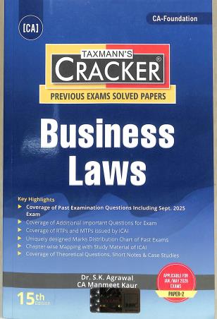 Book cover number 1 for Taxmann's Cracker Business Laws ( Jan. / May 2026 Exams Paper-2) written by S. K. Agrawal, Manmeet Kaur published by Taxmann Publications Pvt. Ltd.