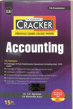 Book cover number 1 for Taxmann's Cracker Accounting ( Jan. / May 2026 Exams Paper-1) written by S. K. Agrawal, Manmeet Kaur published by Taxmann Publications Pvt. Ltd.