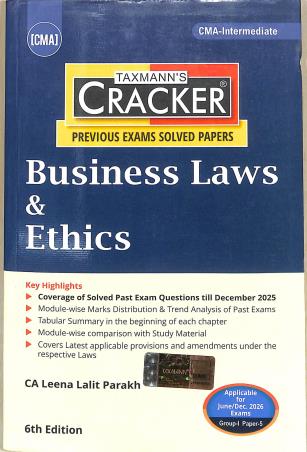 Book cover number 1 for Taxmann's Cracker Business Laws & Ethics (June / Dec 2026 Exams Grup 1 Paper 5) written by Leena Lalit Parakh published by Taxmann Publications Pvt. Ltd.