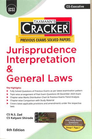 Book cover number 1 for Taxmann's Cracker Jurisprudence Interpretation & General Laws (Group 1 Paper 1) CS Exective written by N. S. Zad, Kalyani Shirode published by Taxmann Publications Pvt. Ltd.