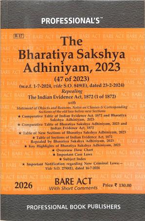 Book cover number 1 for The Bharatiya Sakshya Adhiniyam,2023 (47 Of 2023) 2026 written by NA published by Professional Book Publishers