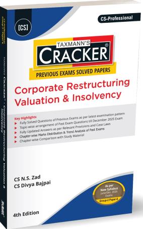 Book cover number 1 for Taxmann's Cracker Corporate Restructuring Valuation & Insolvency (Group 2 Paper 6) CS Professional written by N. S. Zad, Divya Bajpai published by Taxmann Publications Pvt. Ltd.