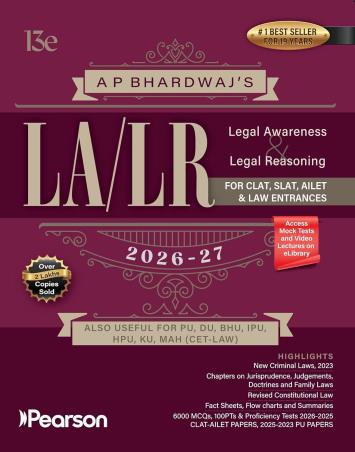 Book cover number 1 for LA / LR  Leagal Awareness & Legal Reasoning 2026-27 (CLAT, SLAT, AILET & LAW Entrances) written by A. P. Bhardwaj published by Pearson Education