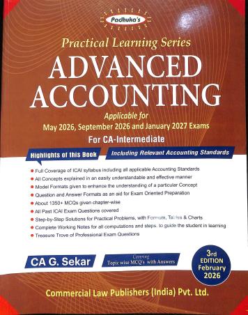 Book cover number 1 for Practical Learning Series Advanced Accounting (May 2026,September 2026/January 2027 Exams)CA Interme written by G. Sekar published by Commercial Law Publishers (India) Pvt. Ltd.