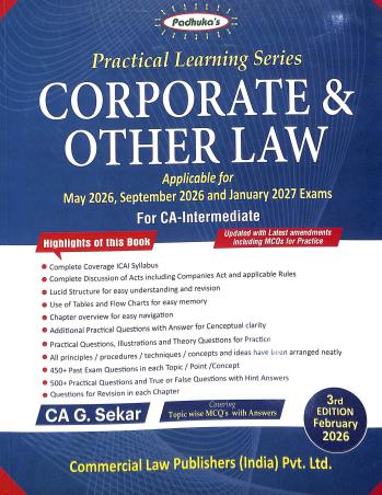 Book cover number 1 for Practical Learning Series Corporate & Other Law(May 2026,September2026/January2027 Exams)CA Intermed written by G. Sekar published by Commercial Law Publishers (India) Pvt. Ltd.